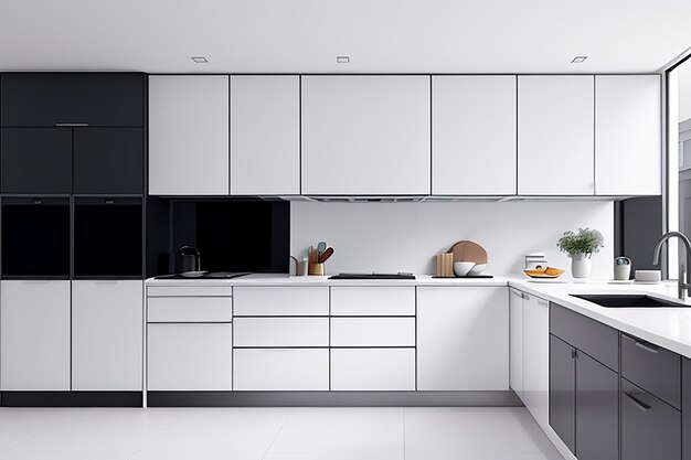 Modern advanced luxurious white kitchen with clean lines and a minimalist design basin dining table