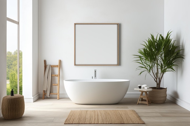 사진 생성 ai로 제작한 포스터 프레임을 갖춘 현대적이고 미적인 욕실 인테리어 디자인