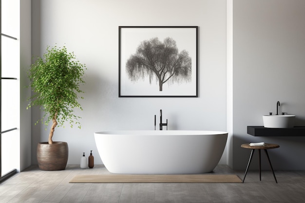 Modern Aesthetic Bathroom Interior Design with Poster Frame Created with Generative AI