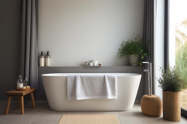 Современный эстетический дизайн интерьера ванной комнаты с рамкой для плаката, созданный с помощью генеративного искусственного интеллекта