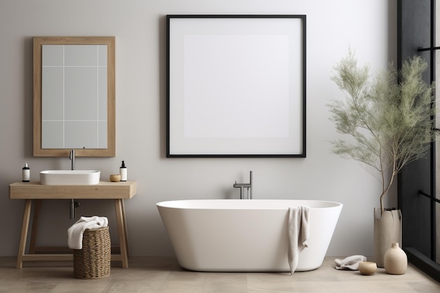 Photo modern aesthetic bathroom interior design with poster frame created with generative ai
