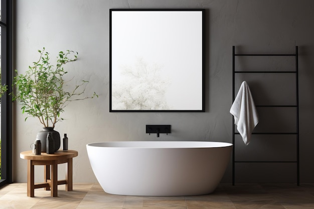 Foto design degli interni del bagno dall'estetica moderna con cornice per poster creata con l'intelligenza artificiale generativa