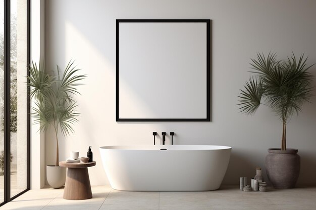 Foto design degli interni del bagno dall'estetica moderna con cornice per poster creata con l'intelligenza artificiale generativa