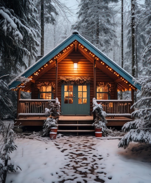 Foto casa di campagna estetica moderna in una bellissima foresta invernale