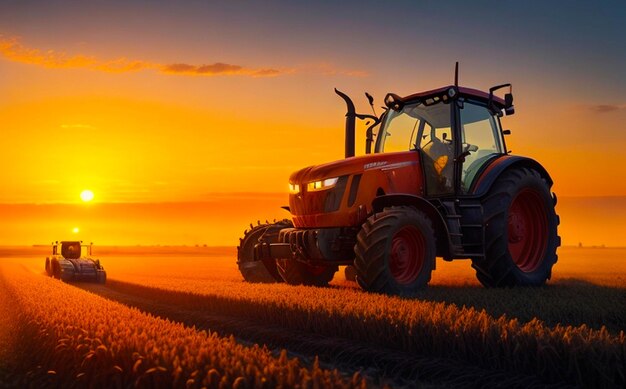 Modern agricultural tractor with large wheels drives through farm field