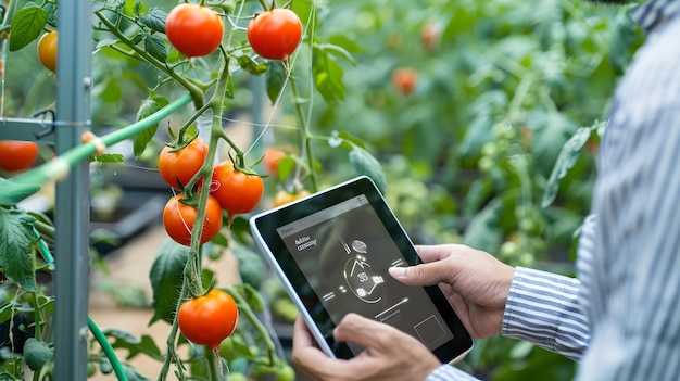 Photo modern agriculture technology in action farmer inspects tomato growth on tablet smart farming concept with ripe tomatoes ai