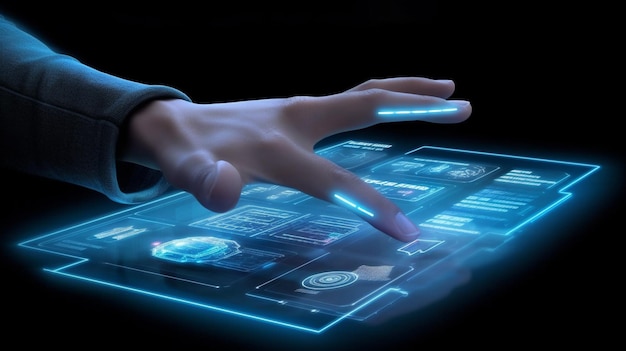 modern AI interface displayed on a transparent screen with a digital hand reaching out to seal a vi