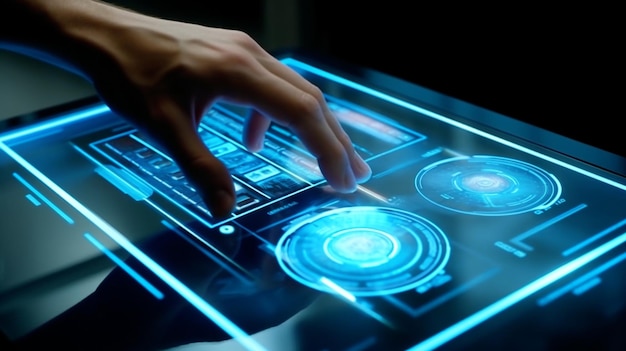 Modern AI interface displayed on a transparent screen with a digital hand reaching
