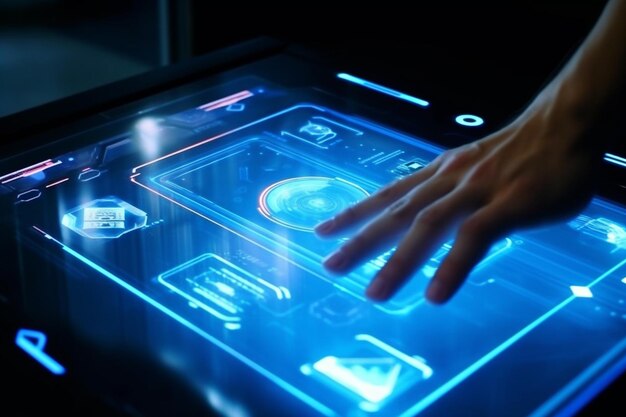 Modern AI interface displayed on a transparent screen with a digital hand reaching