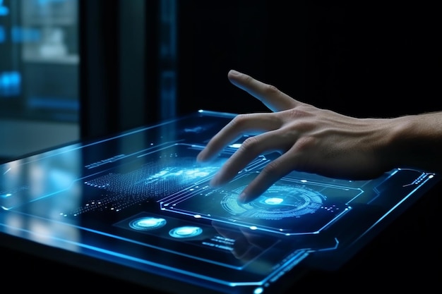 Modern AI interface displayed on a transparent screen with a digital hand reaching