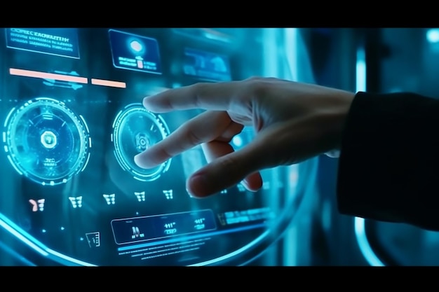 Modern AI interface displayed on a transparent screen with a digital hand reaching