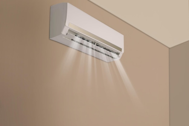 Modern air conditioner on beige wall indoors