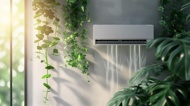 Modern air conditioner unit on wall with surrounding plants and space for text