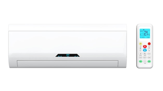 Modern air conditioner with remote on a white background