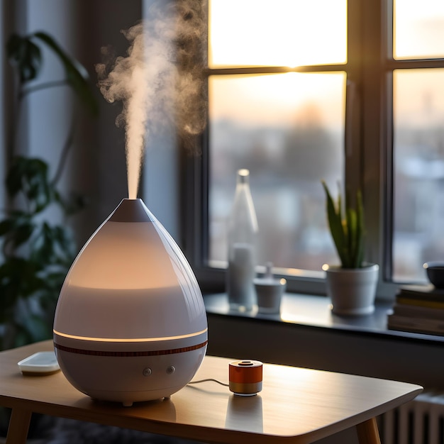 Modern air humidifier with steam on the table in the room