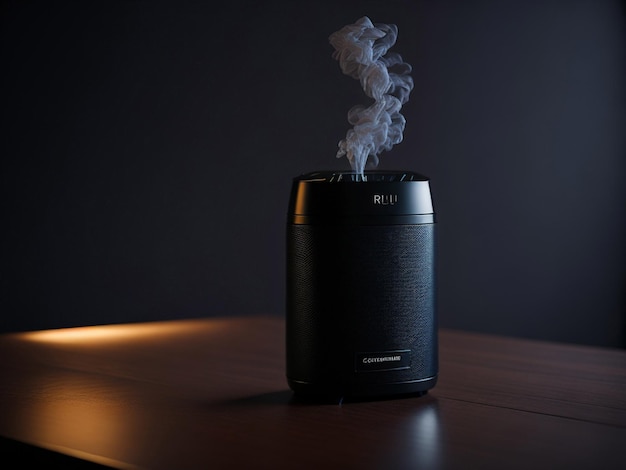 Modern air humidifier on a wooden table in a dark room