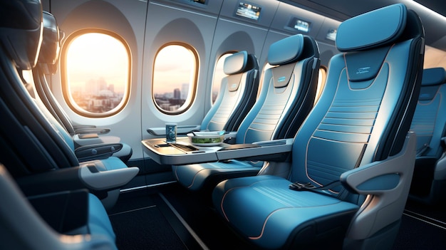 Modern air vehicle interior with comfortable seats in a row