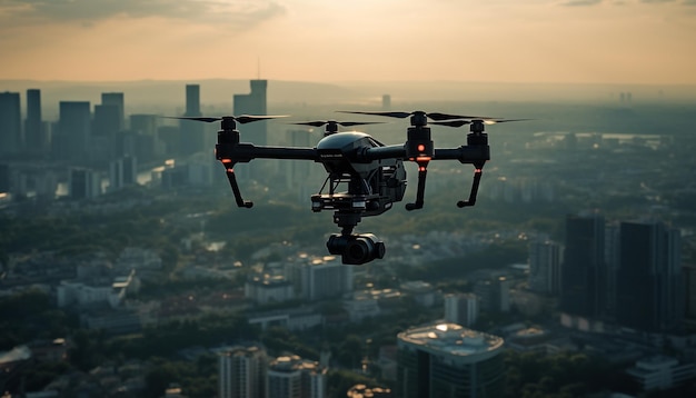 Современные воздушные транспортные средства парят в воздухе над горизонтом города в сумерках, созданных искусственным интеллектом