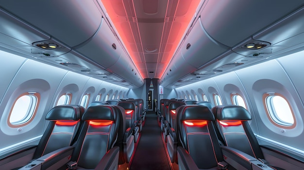 Современный интерьер самолета с окружающим освещением Пустые пассажирские сиденья Чистая кабина самолета Комфорт путешествия и транспортная концепция ИИ