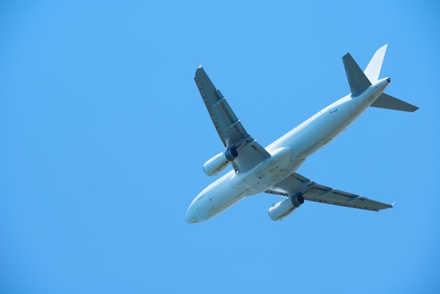 modern airplane travel,  clear blue sky in background