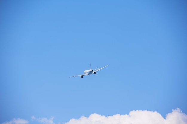 modern airplane travel,  clear blue sky in background