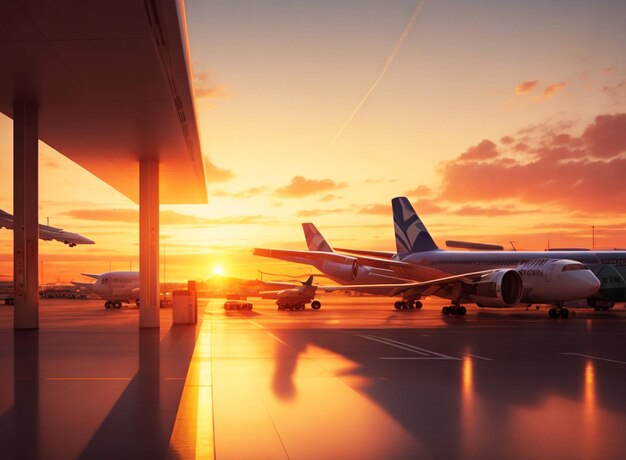 Modern airport sky sunset