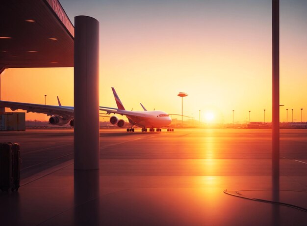 Modern airport sky sunset