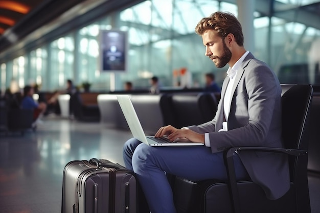 Modern Airport Terminal Handsome Businessman Working Generative AI