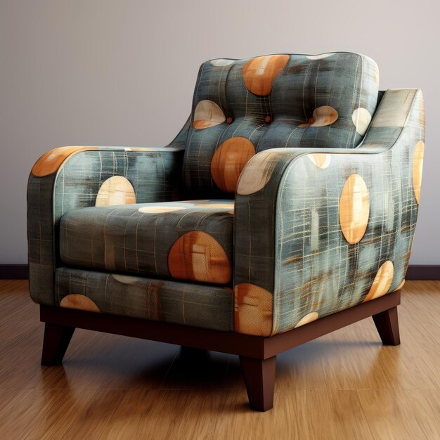 Modern American Fabric Armchair With Polka Dots In Teal And Amber