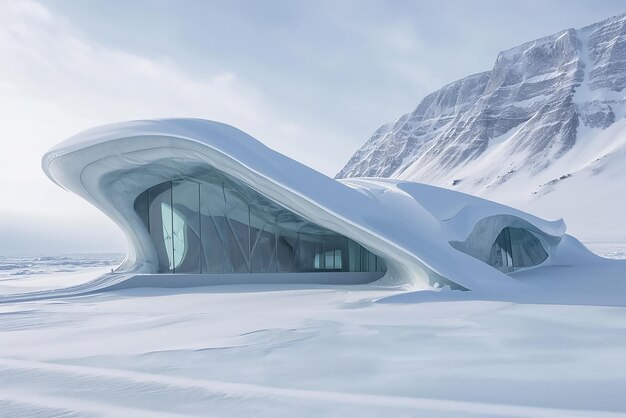 写真 雪と氷に囲まれた現代的で未来的な白い建築
