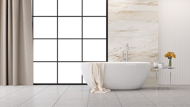 Фото Современный дизайн интерьера ванной комнаты loft, белая ванна с мраморной стеной, 3d-рендеринг