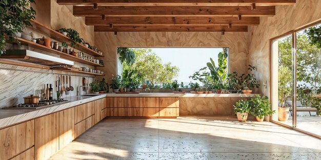 Фото Современный и роскошный открытый интерьер гостиной с кухней и столовой с видом на море