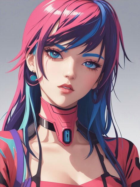 Foto personaggio anime moderno con colori vivaci in stile cyberpunk