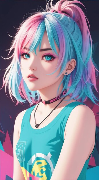 Foto personaggio di anime moderno con colori vivaci in stile cyberpunk