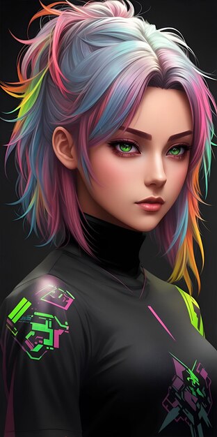 Foto personaggio anime moderno con colori vivaci in stile cyberpunk