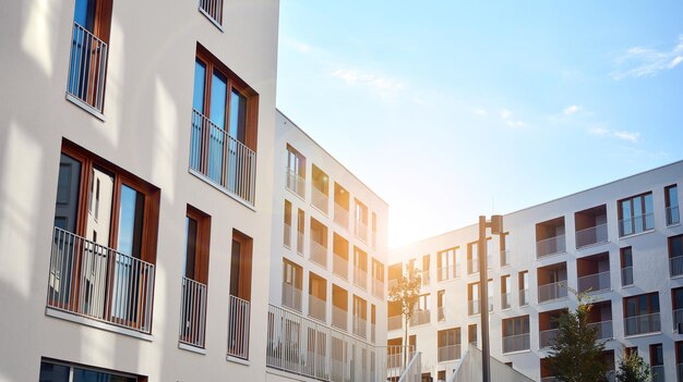 Modern apartment building on a sunny day with a blue sky Facade of a modern apartment building