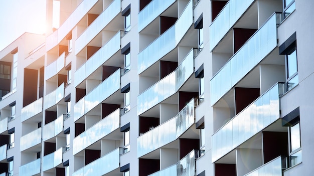 Modern apartment building on a sunny day with a blue sky Facade of a modern apartment building