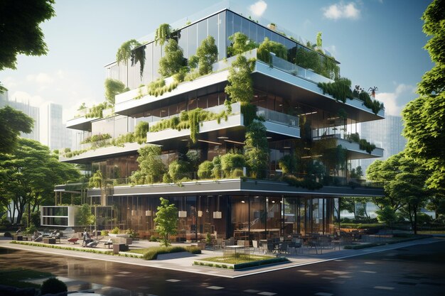 Modern apartment building with green trees and blue sky 3d rendering