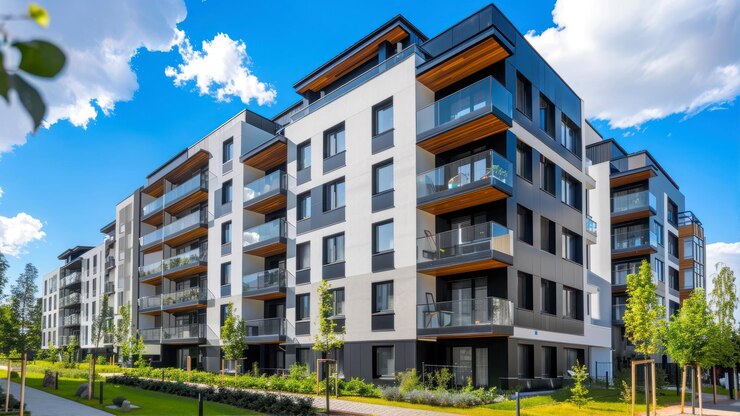 Modern apartment buildings on a sunny day with a blue sky Facade of a modern apartment building