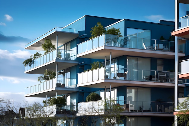 Modern apartment buildings on a sunny day with a blue sky Facade of a modern apartment building