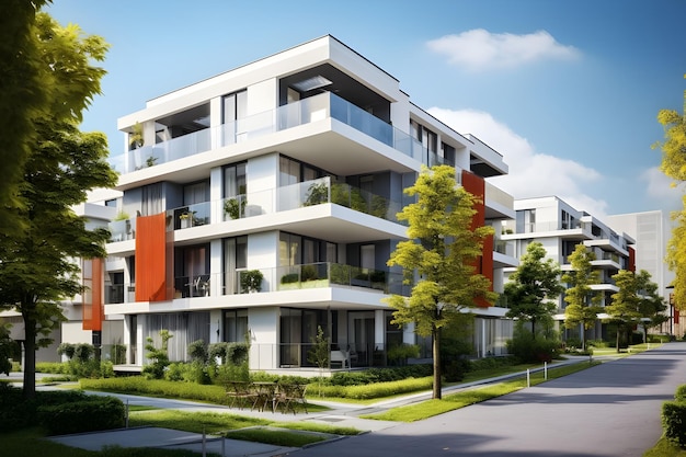 Modern apartment buildings on a sunny day with a blue sky Facade of a modern apartment building