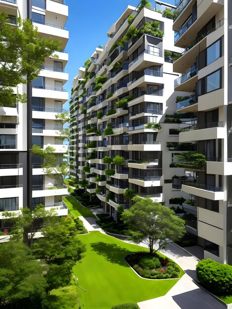 Modern apartment buildings surrounded by greens