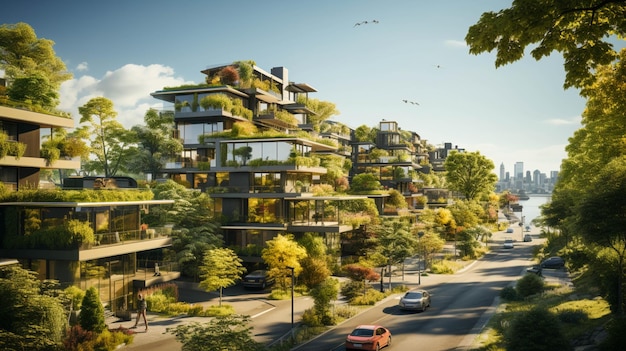 Modern apartment buildings with green trees