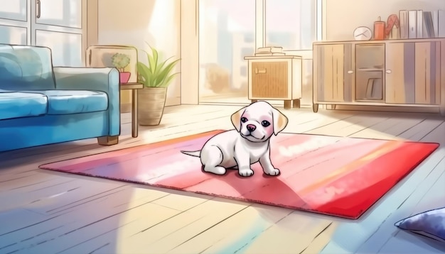 A modern apartment houses a small white French bulldog Watercolor style Generative AI