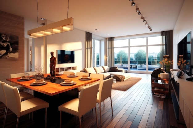 Photo modern apartment interior dining table and livingroom
