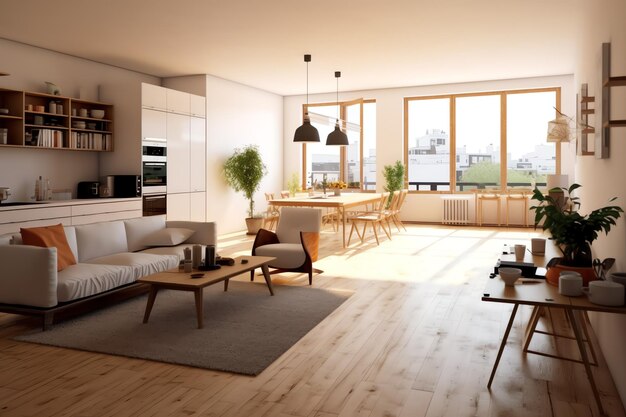 사진 작업 테이블과 책장을 갖춘 거실 디자인의 현대적인 아파트 인테리어 럭셔리 홈 스칸디나비아