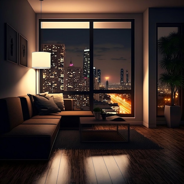 Modern Apartment Interior with Furniture and Glass Window Night City View in the Living Room Generative AI