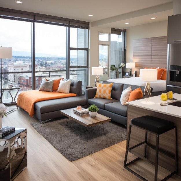 Photo modern apartment living room with city view