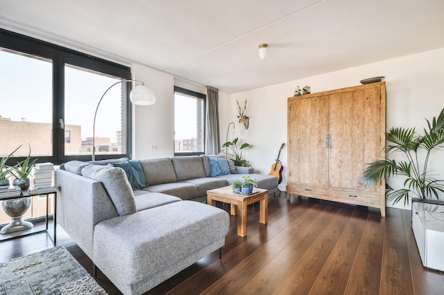 Modern apartment living room with open kitchen