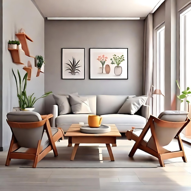 현대적인 아파트  ⁇ 빛 거실 3D 현실적인  ⁇ 터 인테리어 커피 테이블 ai